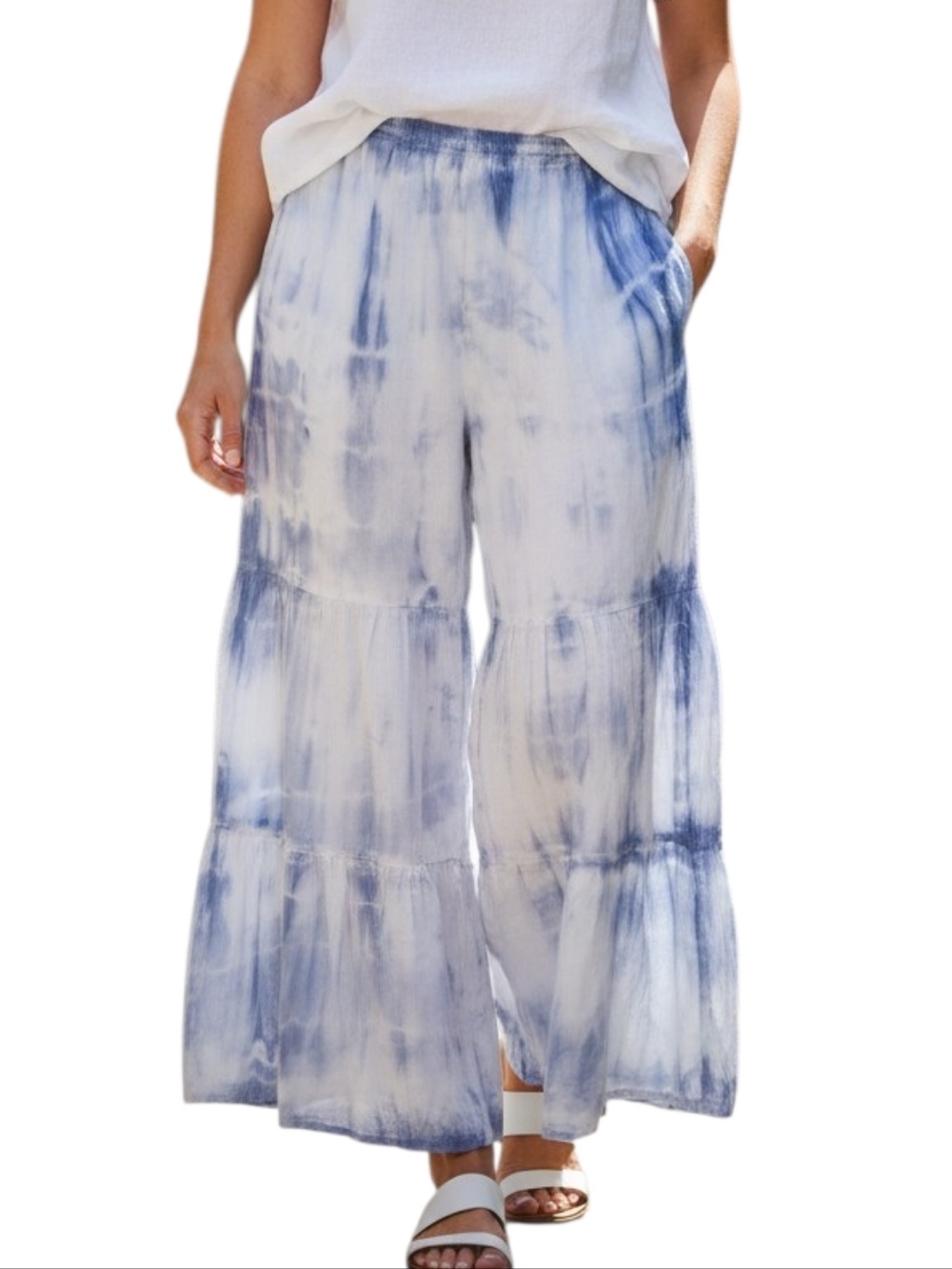 Mitlas Gauze Cotton Wide Leg Tiered Tie Dye Pants In Blue And White Size 4